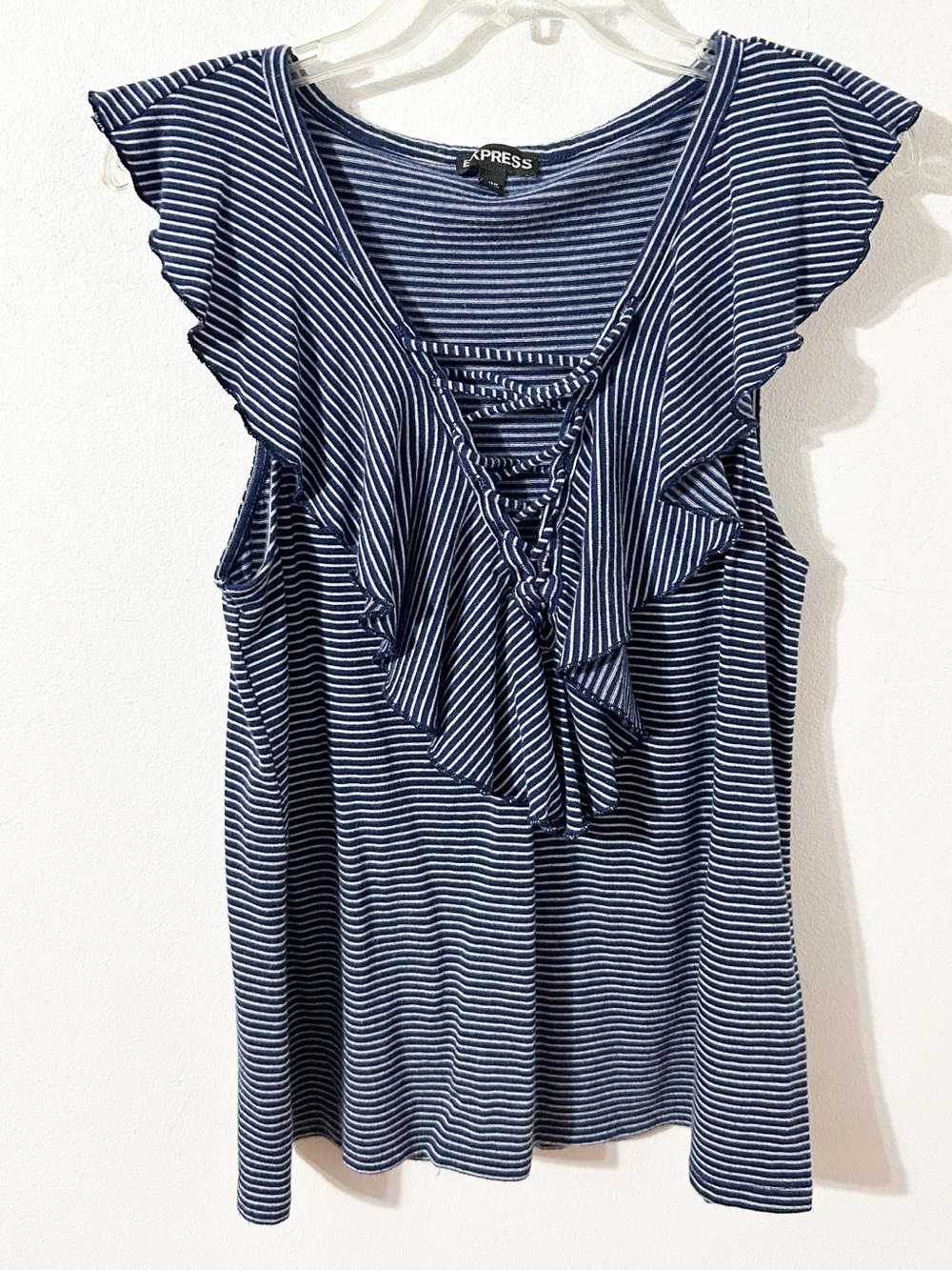 Express Women’s Navy Blue & White Striped Ruffle Lace-Up Tank Top Size S